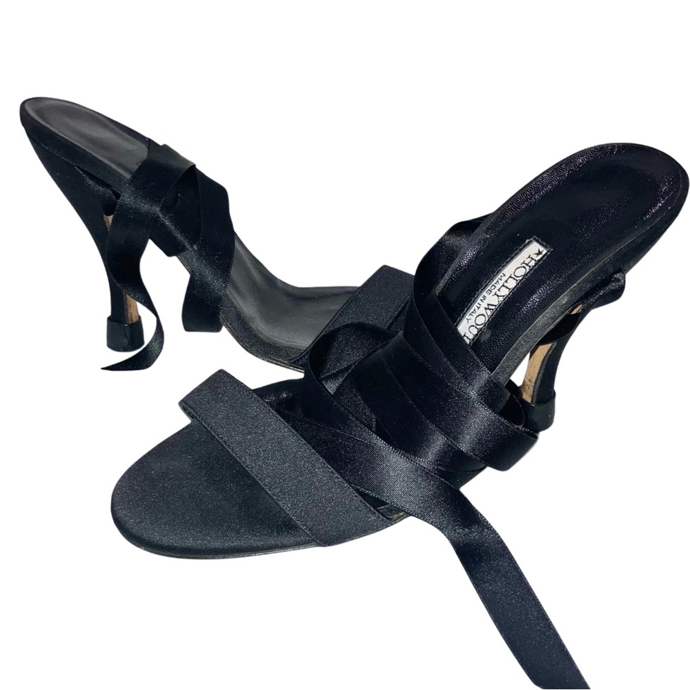 Hollywould Black Silk Satin Ankle Wrap Ballet Heels Women’s Evening Shoes Size 5